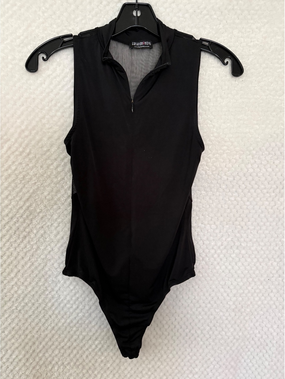 Fashion Nova Black Sleeveless Mesh Bodysuit with Front Zipper